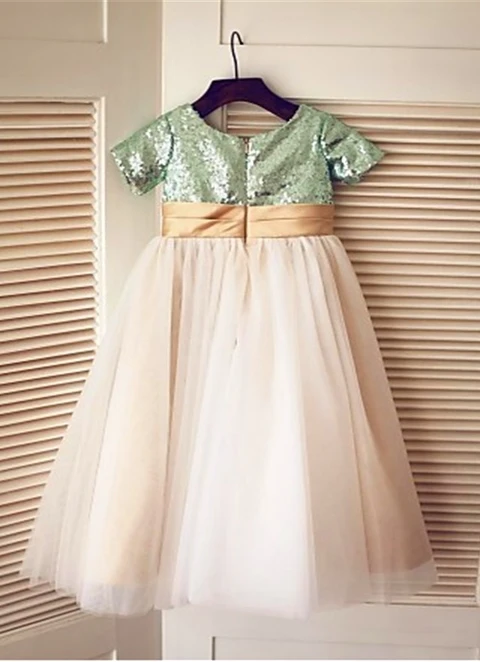 Ball-gown/princess Short Sleeves Scoop Sequin Tea-length Tulle Flower Girl Dresses