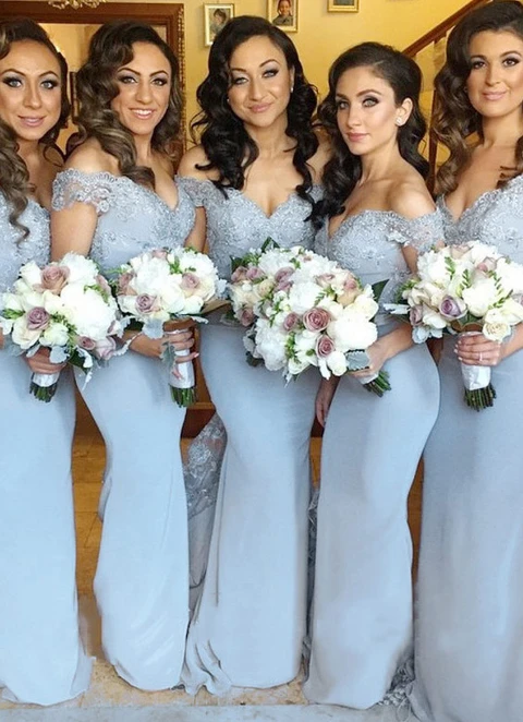 Sheath/column Sweep Train Off-the-shoulder Bridesmaid Dresses With Lace Appliqued