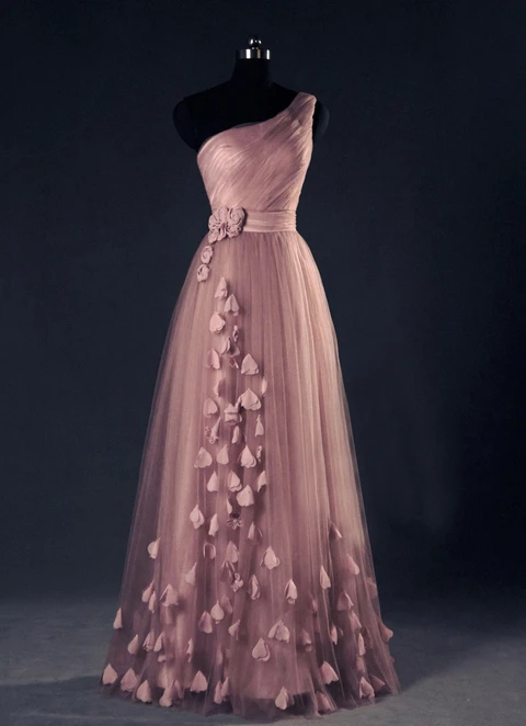 A-line/princess One-shoulder Long/floor-length Tulle Flowers Dresses