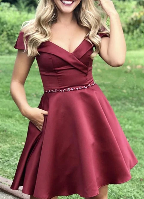 A-line Off-the-shoulder Sleeveless Satin Short/mini Dresses With Beading