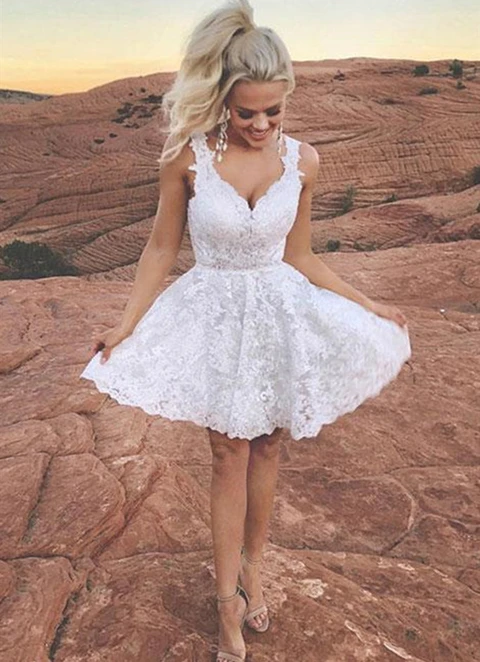 A-line V Neck Sleeveless Lace Short/mini Dresses