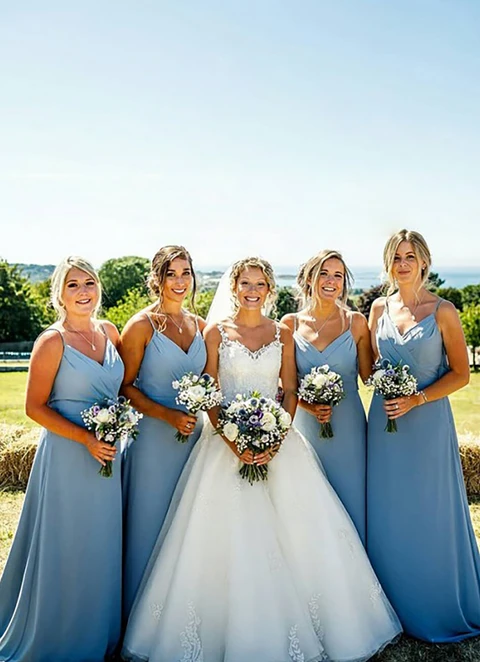 A-line V Neck Sleeveless Court Train Pleated Chiffon Bridesmaid Dresses