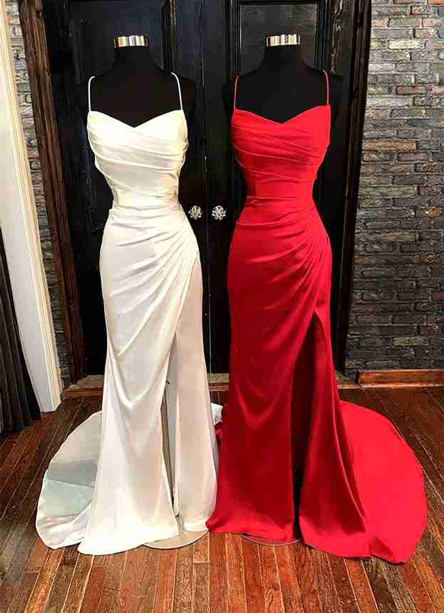 Sheath/column V Neck Sweep Train Satin Dresses