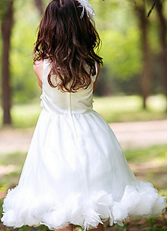 Ball-gown/princess Scoop Tea-length Appliqued Organza Flower Girl Dress