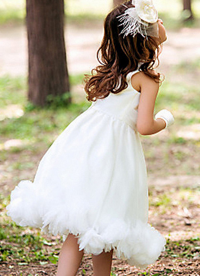 Ball-gown/princess Scoop Tea-length Appliqued Organza Flower Girl Dress