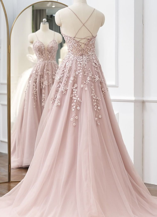 A-line V Neck Sweep Train Tulle Appliqued Beading Dresses