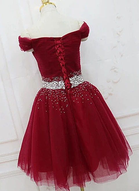 A-line Off-the-shoulder Sleeveless Tulle Short/mini Dresses With Pleated Beading