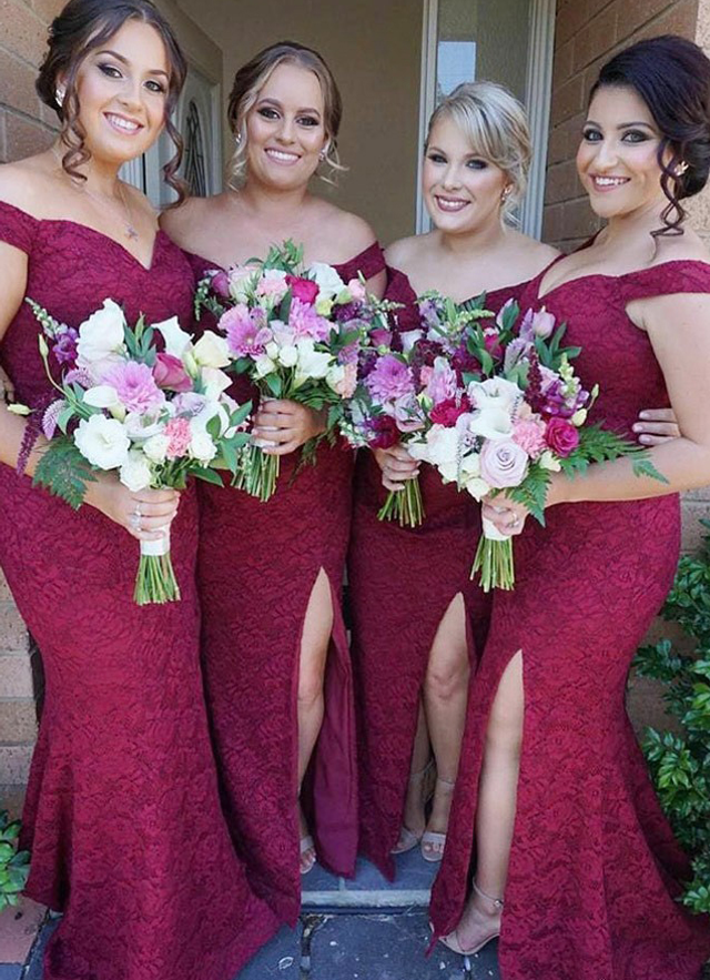 Trumpet/mermaid Floor-length Off-the-shoulder Sleeveless Lace Bridesmaid Dresses With Split