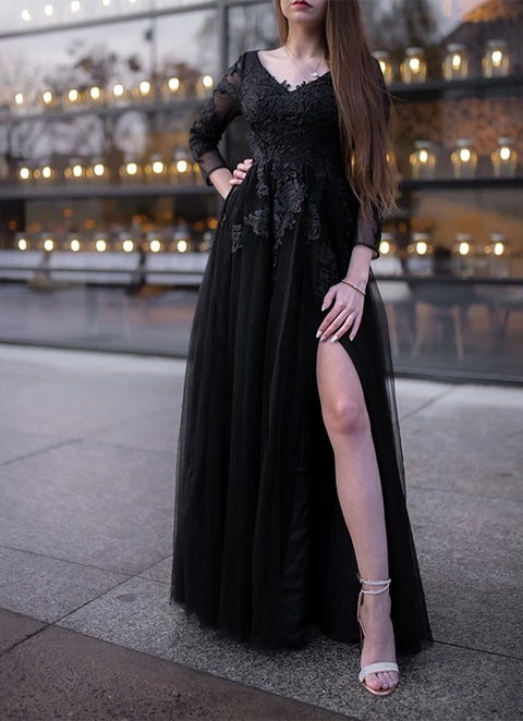 A Line Tulle Long Sleeves Applique Off-the-shoulder Floor-length Dresses