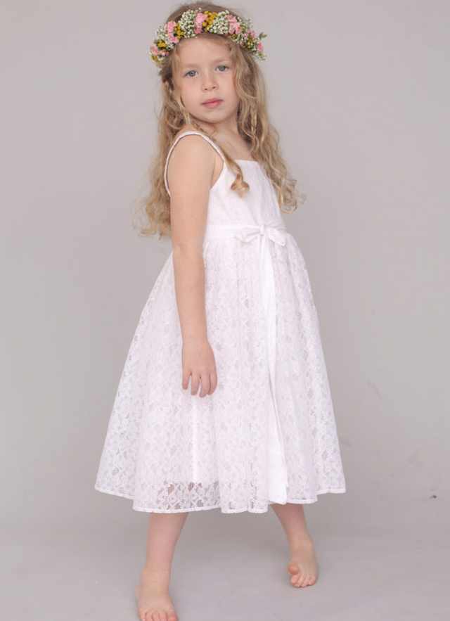 A Line Tea-length Square Sleevesless Lace Flower Girl Dresses With Sashes