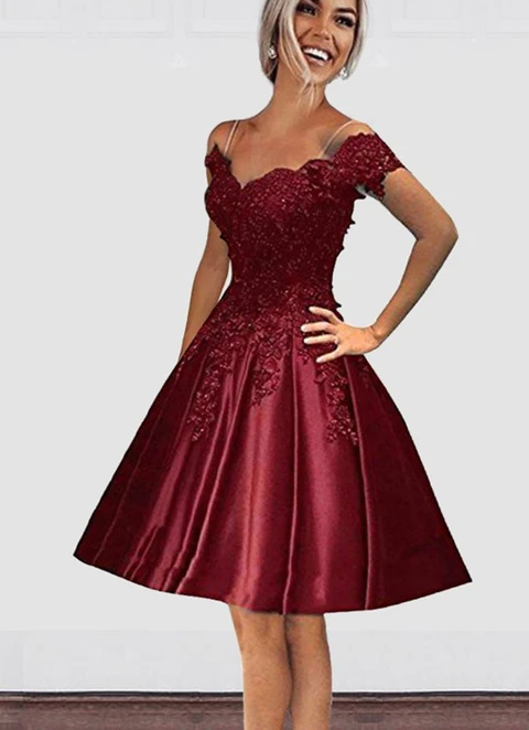 A-line Off-the-shoulder Short Sleeve Knee-length Satin Dresses With Appliqued Beading