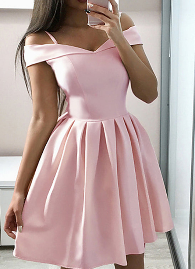 A-line Off-the-shoulder Sleeveless Satin Short/mini Dresses With Ruffles