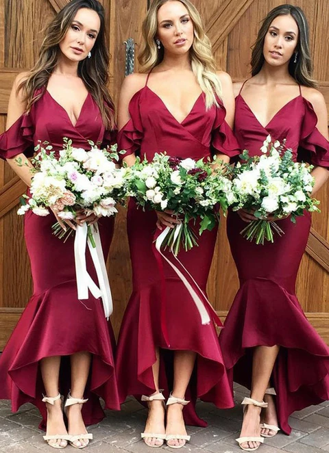 Trumpet/mermaid V Neck Asymmetrical Sleeveless Charmeuse Bridesmaid Dresses With Ruffles