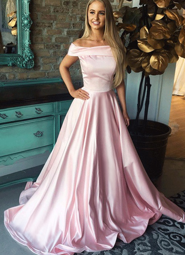 A-line/princess Off-the-shoulder Sleeveless Sweep Train Charmeuse Pleated Dresses