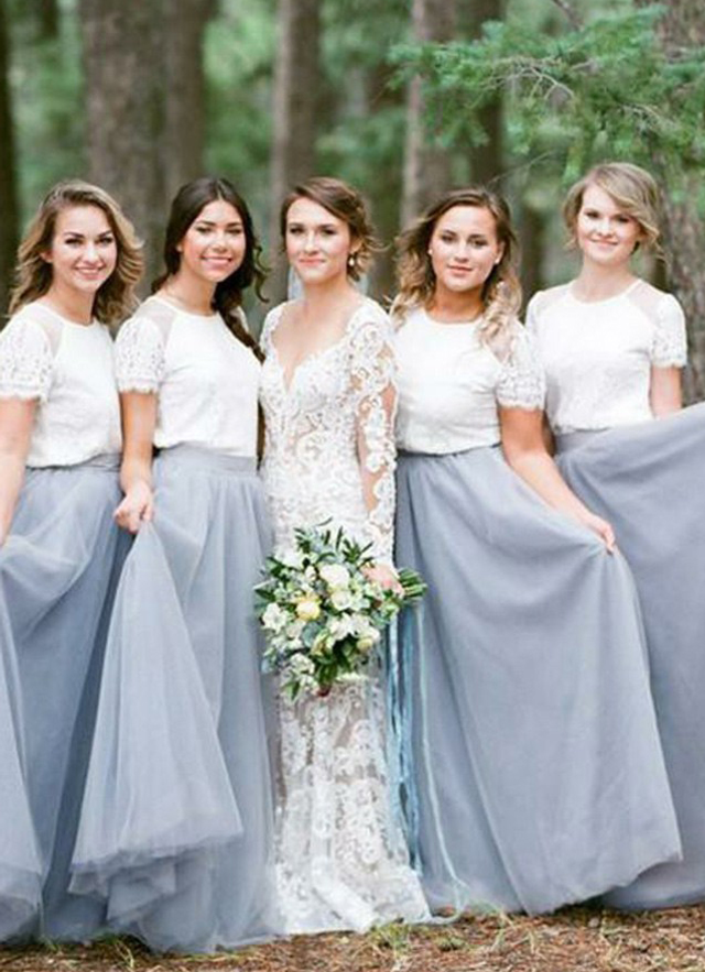 A-line Long/floor-length Scoop Neck Short Sleeve Tulle Bridesmaid Dresses With Lace