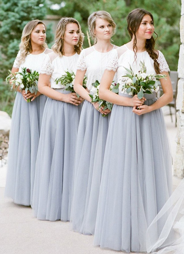 A-line Long/floor-length Scoop Neck Short Sleeve Tulle Bridesmaid Dresses With Lace