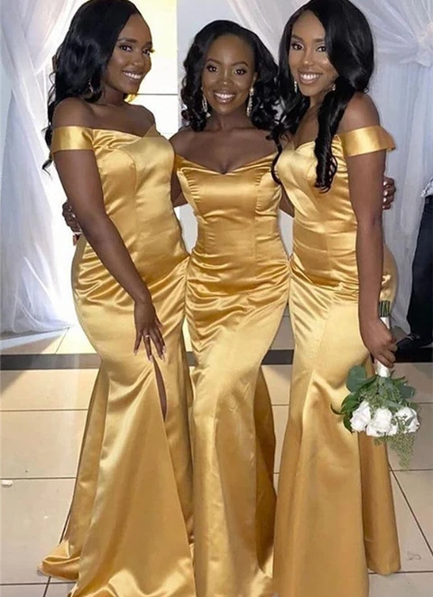 Trumpet/mermaid Floor-length Off-the-shoulder Charmeuse Bridesmaid Dresses With Pleated Split